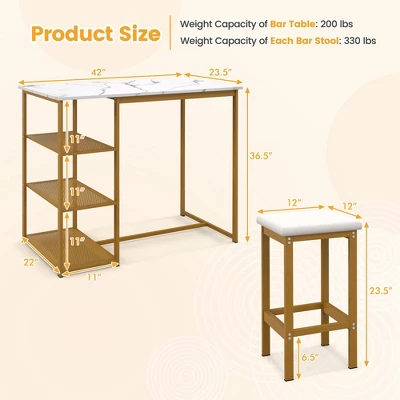 Costway 3PCS Bar Table Set Kitchen Counter Height Table 2 Stools Space Saving With Storage - Image 3