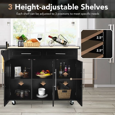 Costway Kitchen Island Trolley Cart Wood Top Rolling Storage Cabinet W/Knife Block Black - Image 4