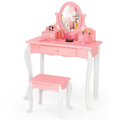 Costway Kids Vanity Princess Makeup Dressing Table Stool Set W/ Mirror Drawer - Image 9