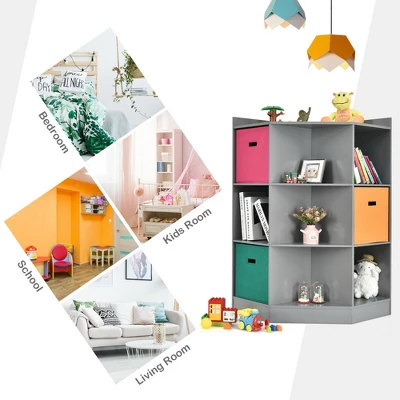 Costway 3-Tier Kid Storage Shelf Cubes W/3 Baskets Corner Cabinet Organizer Gray - Image 7