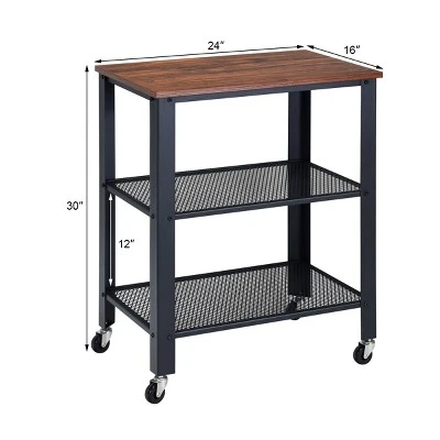 Industrial Serving Cart 3-Tier Kitchen Utility Cart On Wheels W/Storage Black