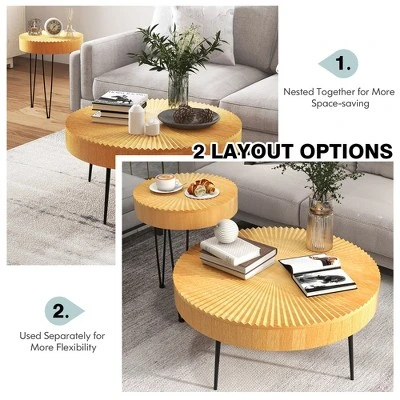Costway Farmhouse Round Coffee Table Set Of 2 End Table Natural Finish For Living Room - Image 8
