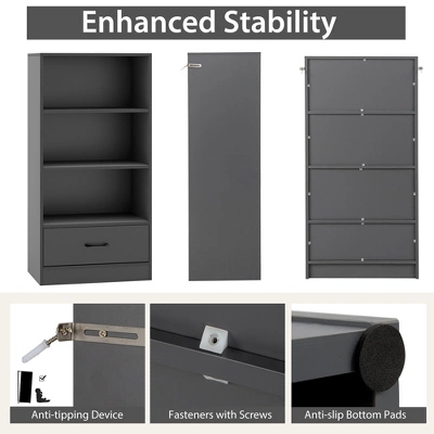 Costway 4-Tier Bookcase 48'' Display Bookshelf Storage Organizer With Shelves & Drawer Grey/White/Natural - Image 6