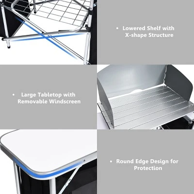 Costway Folding Portable Aluminum Camping Grill Table W/ Storage Organizer Windscreen Black - Image 7