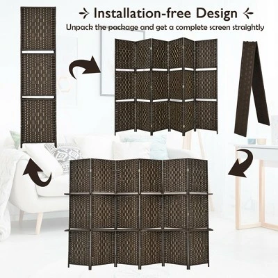 Costway 6 Panel Folding Room Divider 6Ft Weave Fiber Screen W/ 2 Display Shelves - Image 5