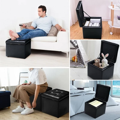 Costway 16''Cube Ottoman Pouffe Storage Box Lounge Seat Footstools With Hinge Top Black - Image 4