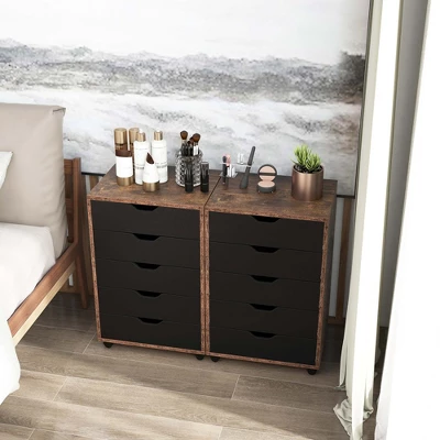 Costway 5 Drawer Chest Storage Dresser Floor Cabinet Organizer With Wheels Rustic Brown - Image 4