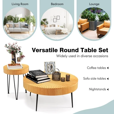 Costway Farmhouse Round Coffee Table Set Of 2 End Table Natural Finish For Living Room - Image 6