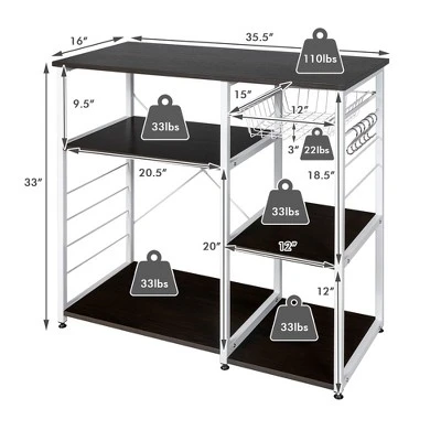 Costway Industrial Kitchen Baker's Rack Microwave Stand Utility Home Shelf W/ 6 Hooks - Image 2