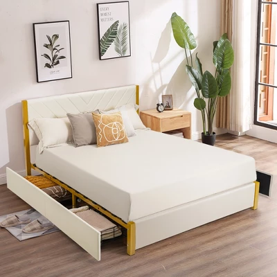 Costway FullQueen Size Upholstered Bed Frame Wooden Slatted Adjustable Headboard 4 Drawers - Image 10