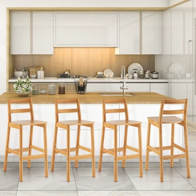 Costway Set Of 2 Solid Rubber Wood Bar Stools 28'' Dining Chairs With Backrests Natural - Image 4