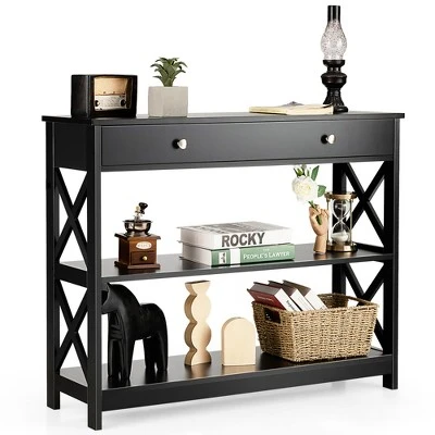 Costway 3-Tier Console Table X-Design Sofa Entryway Table With Drawer & Shelves Gray Espresso - Image 9