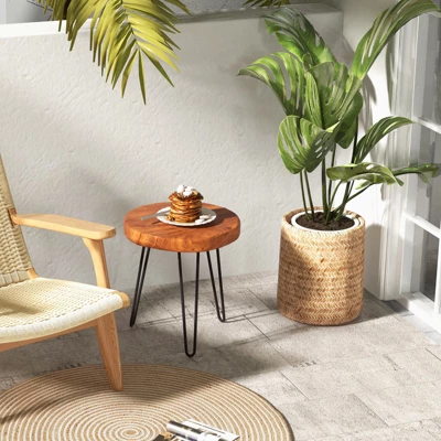 Costway Round End Table Accent Side Table Reclaimed Teak Wood Plant Stand Patio Rustic - Image 2