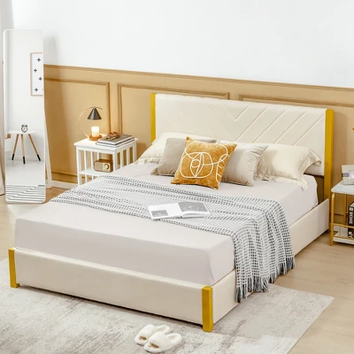 Costway FullQueen Size Upholstered Bed Frame Wooden Slatted Adjustable Headboard 4 Drawers - Image 2