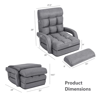 Costway Folding Floor Armchair W/ 6-position Adjustable Back & Lumbar Pillow RedGrey - Image 2