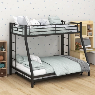 Costway Twin Over Full Metal Bunk Bed With Trundle Slats Support For Teens Adults Black - Image 3