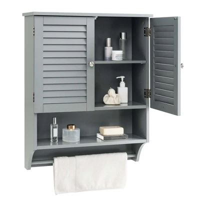 Costway Bathroom Wall Mounted Medicine Cabinet With Louvered Doors & Towel Bar Espresso/Grey/White - Image 11