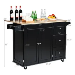 Costway Drop-Leaf Kitchen Island Trolley Cart Wood Storage Cabinet W/ Spice Rack Black