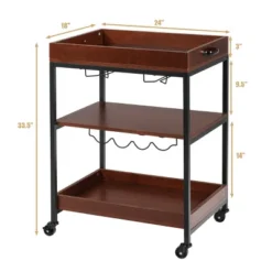 Costway 3 Tier Trolley Cart Kitchen Island Serving Bar Cart W/ Glass Holder & Wine Rack