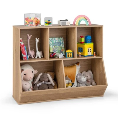 Costway 5-Cubby Kids Toy Storage Organizer Wooden Bookshelf Display Cabinet Natural/White - Image 10
