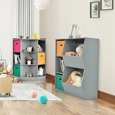 Costway 3-Tier Kid Storage Shelf Cubes W/3 Baskets Corner Cabinet Organizer Gray - Image 3