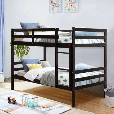 Costway Twin Over Twin Wood Bunk Beds Ladder Safety Rail EspressoWhite - Image 2