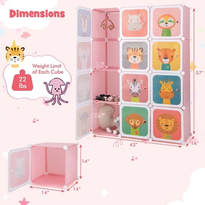 Costway 12-Cube Kids Wardrobe Baby Dresser Bedroom Armoire Clothes Hanging Closet With Door Blue/Pink - Image 3