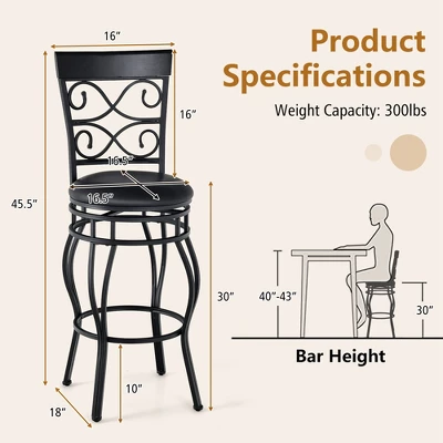 Costway Set Of 2/4 Vintage Swivel Bar Stools 30'' Bistro Upholstered Dining Chairs Black - Image 2
