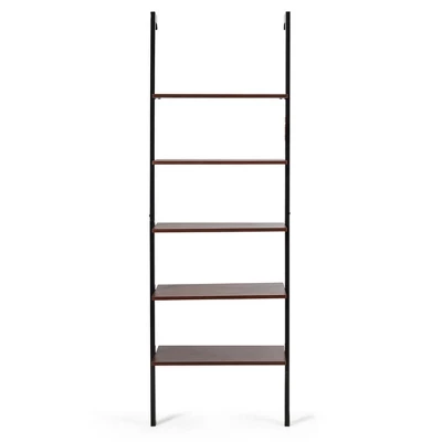 Costway 5-Tier Ladder Shelf Wood Wall Mounted Display Bookshelf Metal Frame Brown & Black/Brown & White/Bronze - Image 6