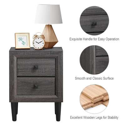 Costway Nightstand W/2 Drawers Multipurpose Retro Grey Bedside Table Fully Assembled - Image 8