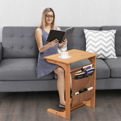 Costway Bamboo Sofa Table Laptop Desk Coffee Snack End Table Bedside Table W/Storage Bag - Image 4