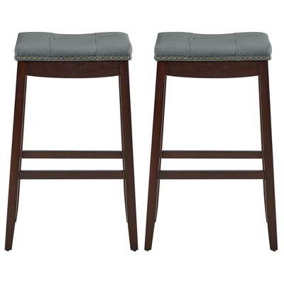 Costway Set Of 2 Nailhead Saddle Bar Stools 29'' Pub Chairs With Rubber Wood Legs Brown/White - Image 4
