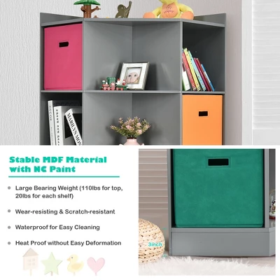 Costway 3-Tier Kid Storage Shelf Cubes W/3 Baskets Corner Cabinet Organizer Gray - Image 6