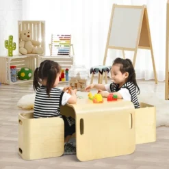 Costway 3 Piece Kids Wooden Table & Chair Set Children Multipurpose Homeschool Furniture