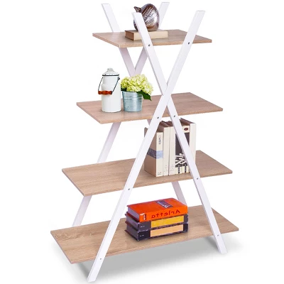 Costway 4-Tier Bookshelf Storage Display Shelves Bookcase Ladder X-Shape Brown/Black - Image 7