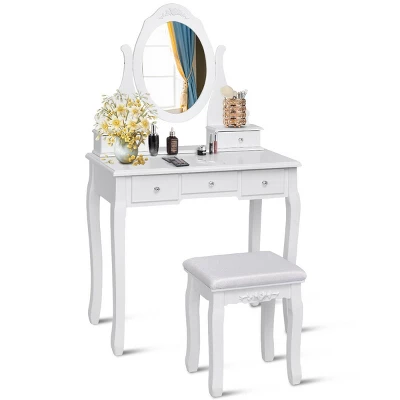 Costway Bedroom Wooden Mirrored Makeup Vanity Set Stool Table Set White 5 Drawers - Image 3