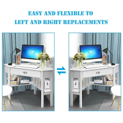 Costway Triangle Computer Desk Corner Office Desk Laptop Table W/ Drawer Shelves Rustic White - Image 5