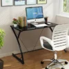 Costway Glass Top Computer Desk Laptop Writing Study Workstation Z-Shaped Metal Frame