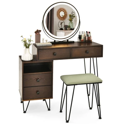 Costway Vanity Table Stool Set Dimmer LED Mirror Large Storage Cabinet Drawer Walnut BlackBrownWhite - Image 13