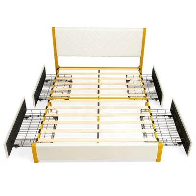 Costway FullQueen Size Upholstered Bed Frame Wooden Slatted Adjustable Headboard 4 Drawers