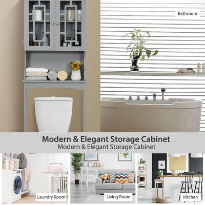 Costway Over The Toilet Bathroom Spacesaver Organizer W/ Adjustable Shelf & Doors Grey - Image 6