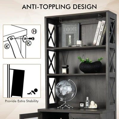 Costway Tall Freestanding Bar Cabinet Kitchen Buffet W/ Glass Holder & Adjustable Shelf - Image 6