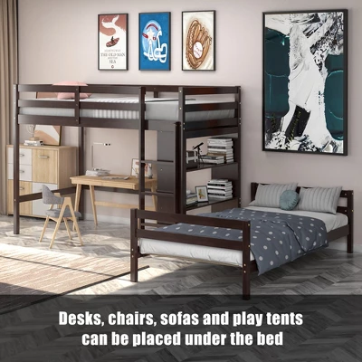 Costway Twin Over Twin Loft Bunk Bed Wood W/Bookcase Guardrail Ladder Kids Bedroom - Image 5