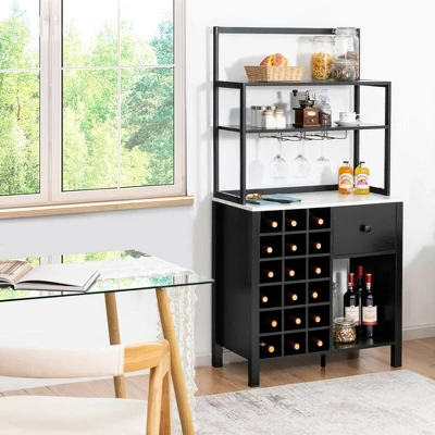 Costway Kitchen Islands Freestanding Wine Rack Table W/ Glass Holder & Drawer Black / Rustic - Image 3