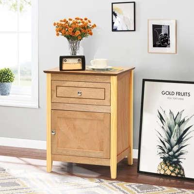 Costway 2PCS Nightstand With Drawer Accent Side End Table Storage Cabinet WhiteNatural - Image 3