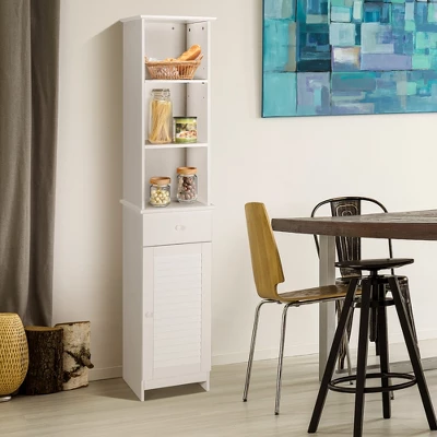 Costway Bathroom Tall Storage Cabinet Freestanding Linen Tower W/ Open Shelves & Drawer - Image 4