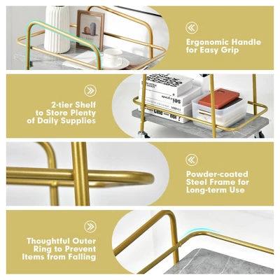 Costway Gold Serving Cart Utility Trolley On Wheel Rolling Kitchen Rack W/Handle - Image 7
