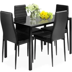 Costway 5 Piece Kitchen Dining Set Glass Metal Table 30" And 4 Chairs Breakfast Furniture Black