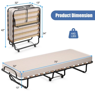 Costway Portable Folding Bed With Mattress Rollaway Cot Made In Italy NavyBeige - Image 2