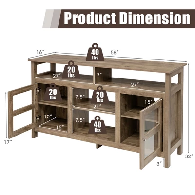 Costway 58'' TV Stand Entertainment Console Center W/ 2 Cabinets Up To 65'' GreyBlackWalnut - Image 3